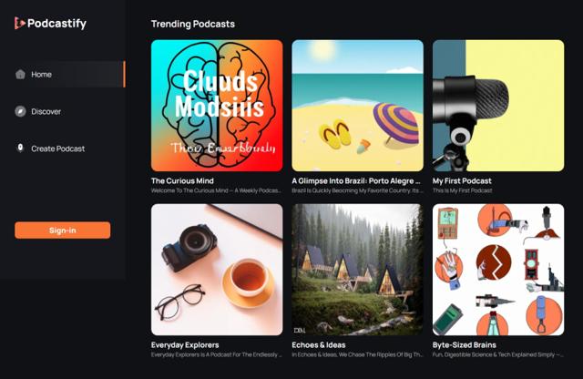 A screenshot of the homepage of Podcastify web app