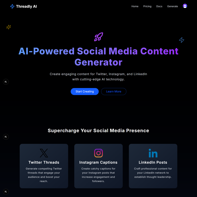A screenshot of the homepage of Threadly web app